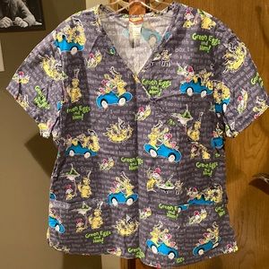Dr. Seuss Nursing Scrub Top, size large. Two front pockets